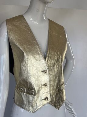 Pia Rucci Sz S Gold Leather Three Button Adjustable Back Vest Made in Italy